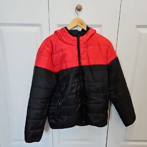 Mens Red and Black Hooded Puffer Jacket